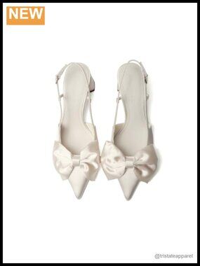 Satin Bow Slingback Block Heel Pumps Pointed Toe Buckle Wedding Work